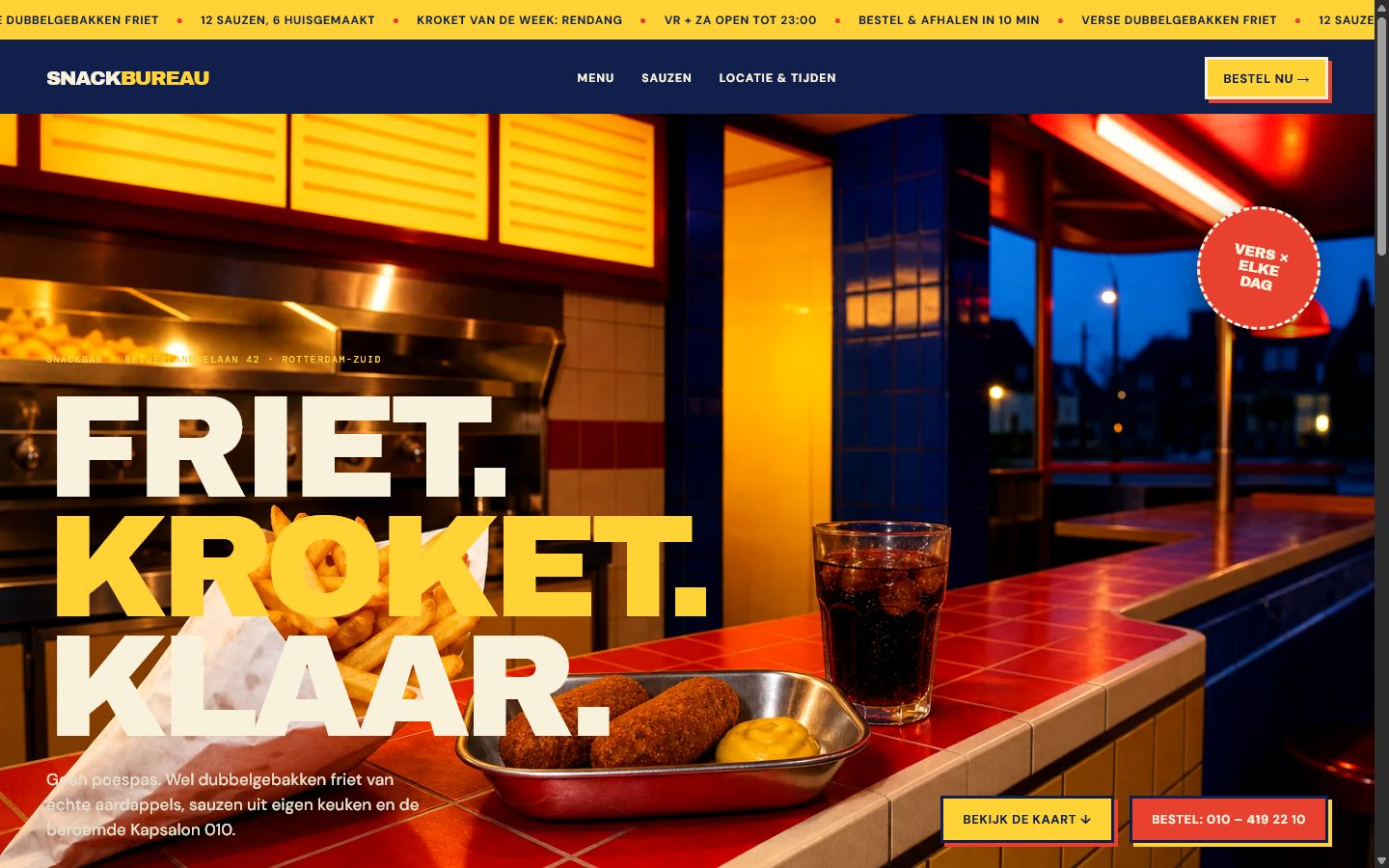 De nieuwe Snackbureau website met een grote friet en kroket kop, een duidelijke menunavigatie en de snackbar als kleurrijke achtergrond.