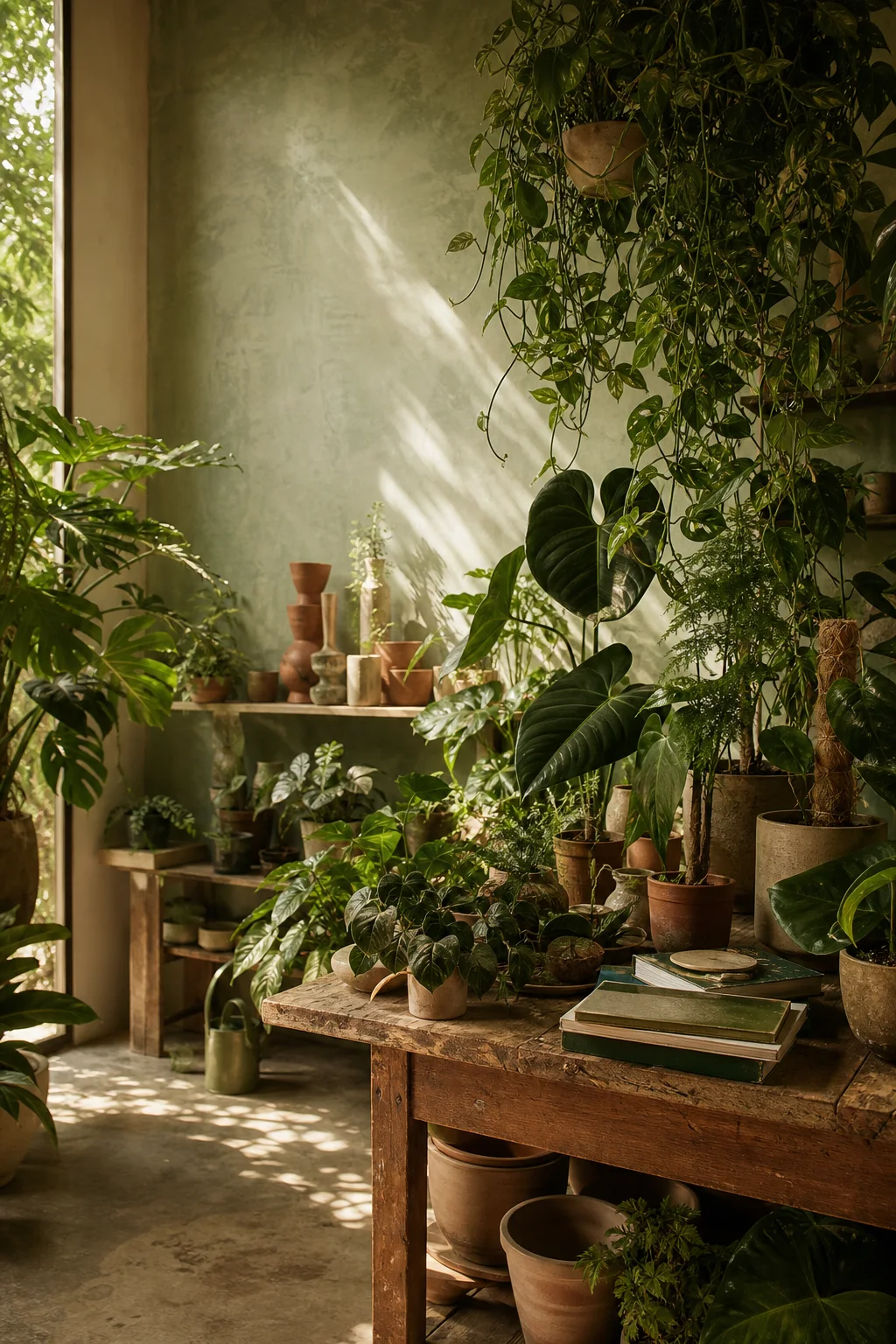 De studio van Moss & Mortar: hangplanten, terracotta potten en een houten werktafel in zacht ochtendlicht.