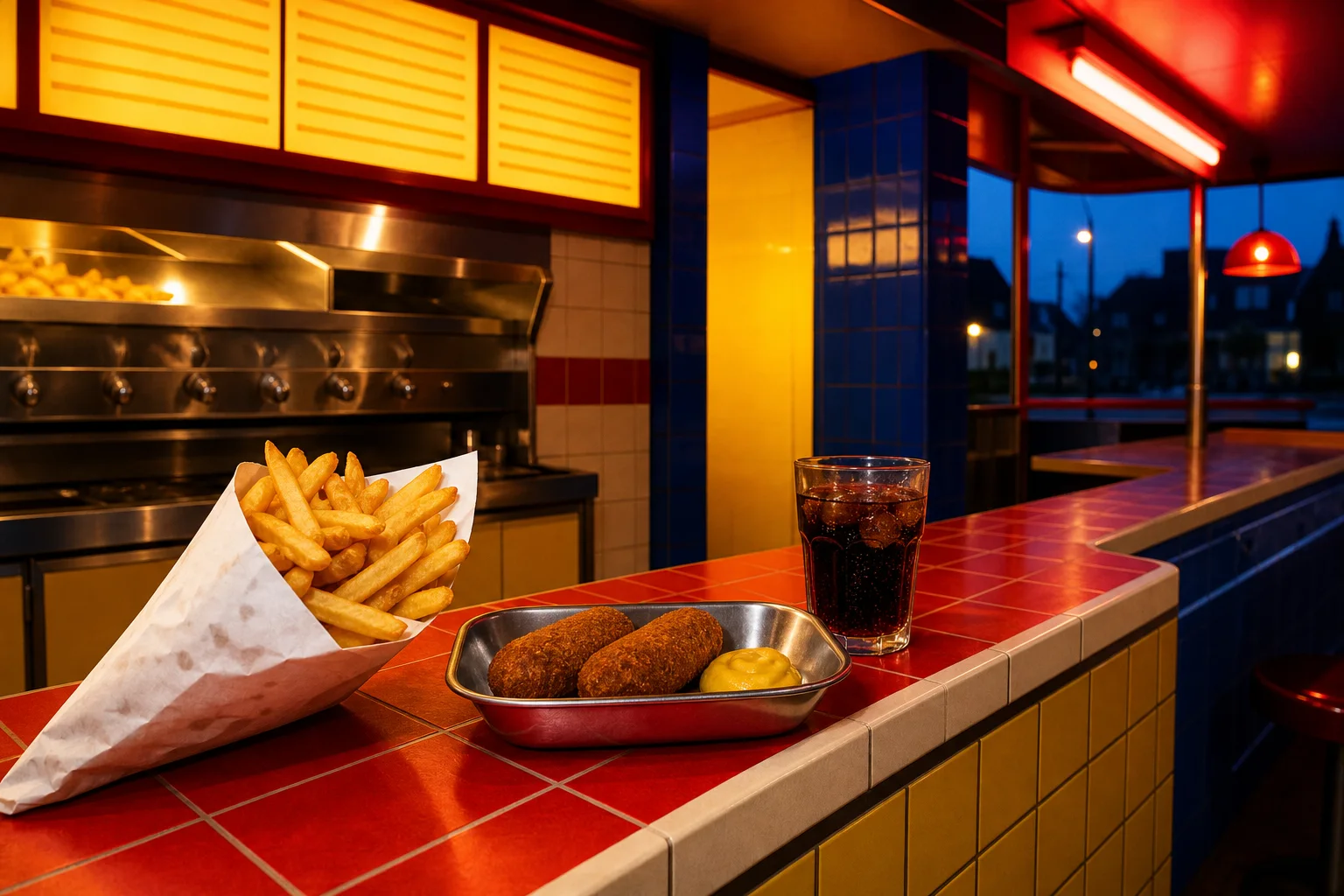 De toonbank van Snackbureau: een puntzak verse friet, twee kroketten met mosterd en een cola op rode tegels.